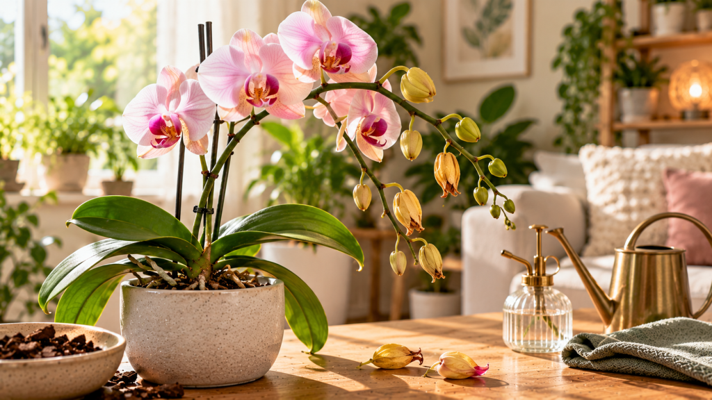 Zašto orhideji otpadaju pupoljci – Phalaenopsis orhideja sa požutelim i osušenim pupoljcima