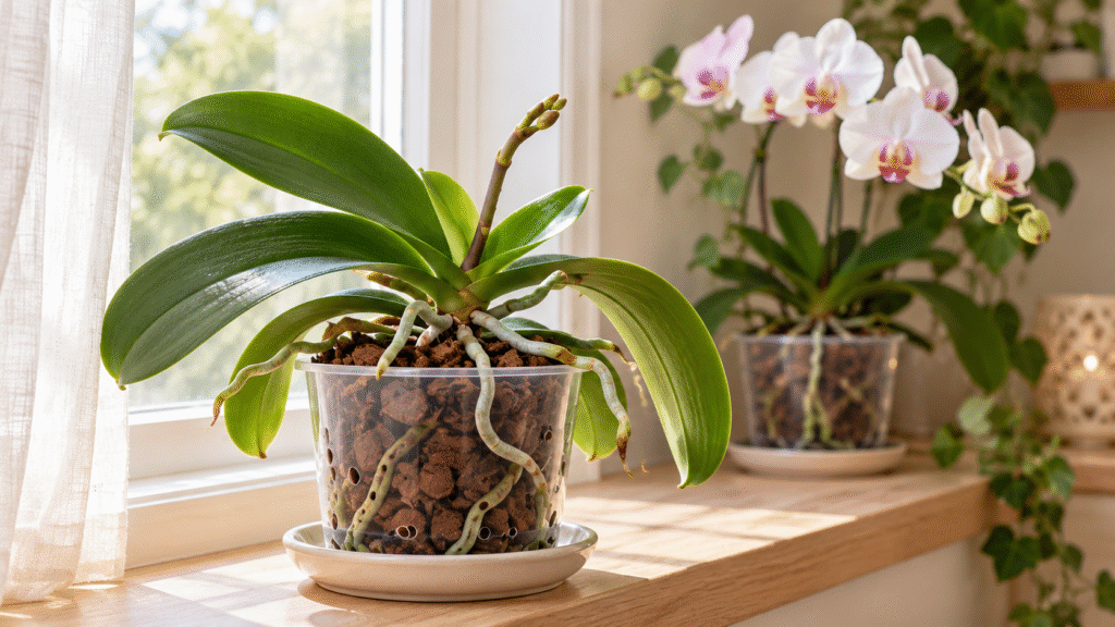 Phalaenopsis orhideja sa novom cvetnom granom u providnoj saksiji, pored prozora, sa belom orhidejom u pozadini.