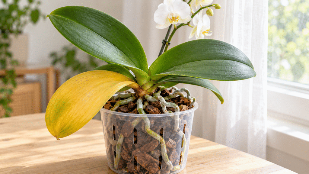 Phalaenopsis orhideja sa jednim žutim donjim listom i zelenim gornjim listovima u providnoj saksiji pored prozora.